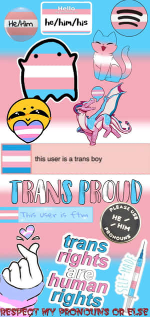 Collage numérique promouvant la fierté trans avec des emojis et du texte affirmatif.