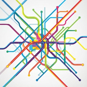 Peta kereta bawah tanah geometris abstrak berwarna-warni dengan garis dan simpul yang berpotongan