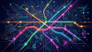Abstrakte Neon-Digitalkunst einer Schnellverkehrsnetzkarte mit leuchtenden Verbindungen