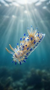 Eterisk nakensnäcka med genomskinlig kropp som svävar i ljusstrålar