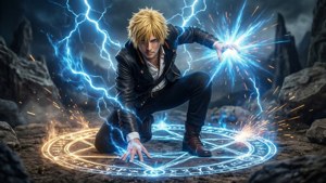 Anime mage casting lightning spell on glowing rune circle in rocky terrain. — Fullmetal Alchemist Wallpaper