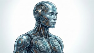 Android with transparent skin revealing internal mechanics, vector art.