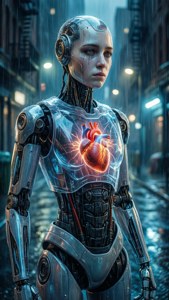 Een robot met een gloeiend transparant hart achtergrond in een regenachtige cyberpunk steeg.
