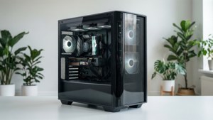Case per computer nero con pannello laterale trasparente e ventole luminose su scrivania bianca con piante.