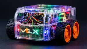 Et makrobilde av en gjennomsiktig VEX-robot med regnbue-LED-er og synlige fargerike kretskort.
