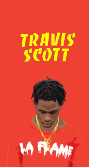 Travis Scott wearing a red hoodie and gold chains with bold yellow text above him.