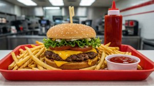 Foto bergaya komersial dari burger In-N-Out dan kentang goreng di atas nampan merah dengan saus tomat.