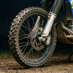 Gros plan extrême du pneu avant Husaberg montrant le motif de la bande de roulement boueuse