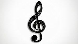 Black treble clef constructed from music notes on white background.