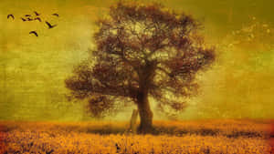 Uma árvore solitária em um campo de flores amarelas com pássaros voando contra um céu dourado. — Plano de fundo da árvore Papéis de Parede
