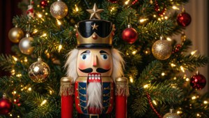Schiaccianoci in posa accanto a un albero di Natale addobbato.