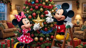 Mickey och Minnie sätter de sista detaljerna på sin julgran.