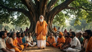 Swami Samarth underviser hengivne under et stort tre med flekkete sollys.