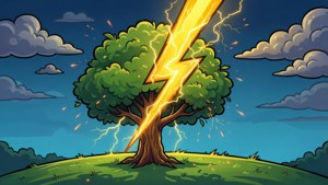 Cartoon lightning bolt striking a tree on a hill with sparks.