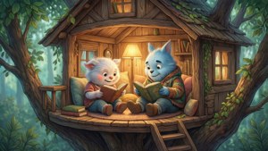 Thing 1 and Thing 2 reading in a treehouse