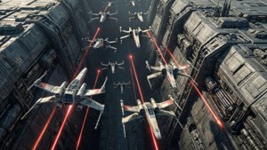 X-wing stjerneskibe affyrer røde lasere i en smal rumkløft.