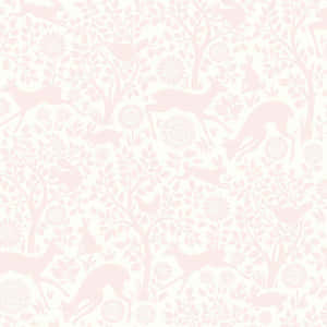 Papel de parede rosa com silhuetas de veados, coelhos, pássaros e árvores sobre fundo creme — Imagens populares Papéis de Parede