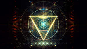Ein leuchtendes goldenes Dreieck in einem Kreis mit digitalen Mustern auf dunklem Hintergrund — Abstract Triangle Wallpaper