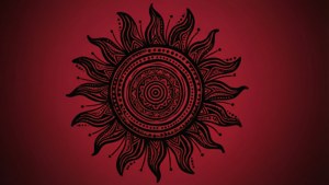 Bold tribal sun outline on dark red background.