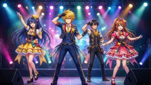 Høyenergisk konsertbakgrunn med Trickstar fra Ensemble Stars i dynamiske positurer på scenen