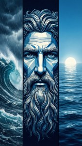 Abstrakt triptyk-kunst af Poseidon med storm og hav.