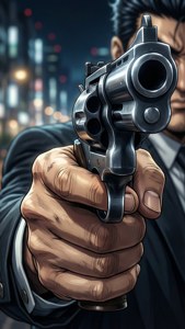 Et nærbilde av Angelo Lagusas hånd som holder en revolver med uskarpe bylys, spent stemning