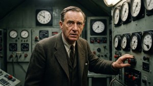 Oppenheimer en la sala de control de la prueba Trinity con medidores y un reloj de cuenta atrás