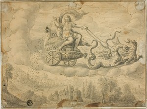 Triptolemus by Maarten de Vos, created n.d., in Pen and black ink, with brush and gray wash, on tan laid paper, laid down on fabric. Download this artwork as a — Maarten de Vos Wallpaper