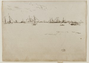 Troopships by James McNeill Whistler, created 1887, in Etching; ink on paper. Download this artwork as a high-resolution wallpaper for desktop, tablet, or mobil — Art Wallpaper