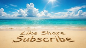 Uno sfondo per la spiaggia soleggiata con il testo 'Like Share Subscribe' integrato nella scena.
