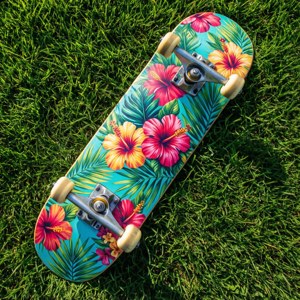 Tampilan atas ke bawah dari surfskate dengan pola bunga tropis di halaman rumput hijau
