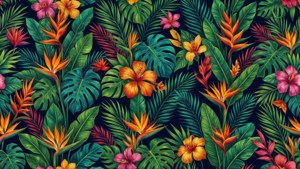 Uno sfondo 4K vibrante con un motivo di foglie e fiori tropicali a 3840x2400