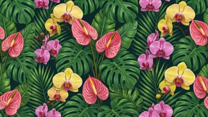 Et sømløst vektormønster af tropiske blade og blomster, herunder monstera, anthurium og orkideer i levende farver.