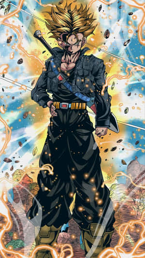 Anime character with spiky golden hair in black armor surrounded by energy and debris. — Dragon Ball Wallpaper