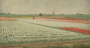 Tulip Fields by Gerrit Willem Dijsselhof, created 1890 - 1922, in panel; oil paint (paint). Download this artwork as a high-resolution wallpaper for desktop, ta — Gerrit Willem Dijsselhof Wallpaper