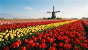 Fargerike tulipanmarker med en nederlandsk vindmølle i det fjerne, perfekt bakgrunn for naturelskere.