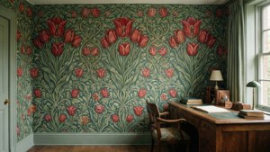 Ein gemütliches Arbeitszimmer mit William Morris' Tulip-Tapete in Rot und Salbeigrün.