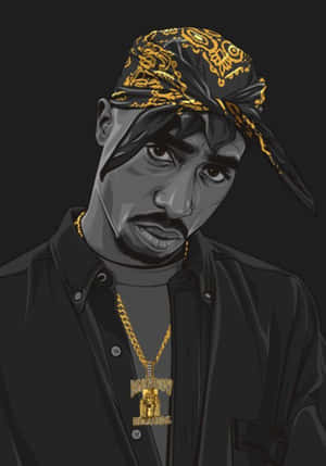 Tupac Shakur in a black shirt and gold chain with a patterned bandana.