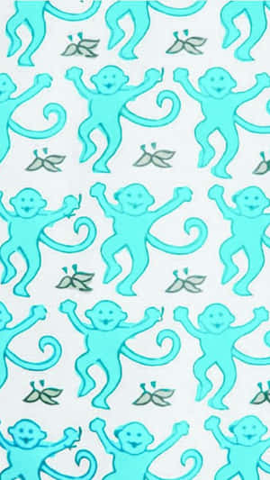 Türkise Cartoon-Affen mit gebogenen Schwänzen und lächelnden Gesichtern auf einem weißen Hintergrund mit grauen Blattmotiven. — Preppy Roller Rabbit Wallpaper