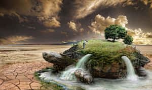 Tartaruga gigante che trasporta un'isola da golf con scale a cascata sotto nuvole temporalesche. — Fantastiche immagini di tartarughe Sfondi