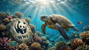 Vedenalainen koralliriutta merikilpikonnan ja WWF-viittauksen kanssa