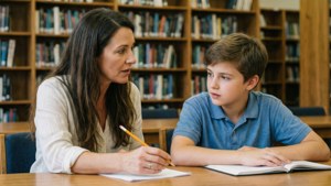 Un enseignant et un élève ont une conversation de tutorat individuelle ciblée.