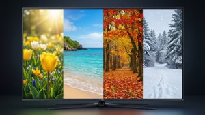 Ein 4K TV-Bildschirm, unterteilt in vier Szenen, die die vier Jahreszeiten darstellen.