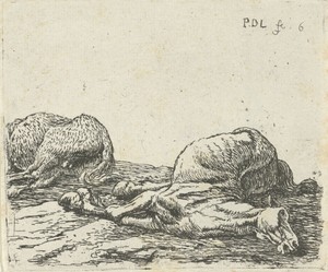 Twee dode paarden by Pieter Bodding van Laer, created 1609 - 1642, in paper; etching. Download this artwork as a high-resolution wallpaper for desktop, tablet, 