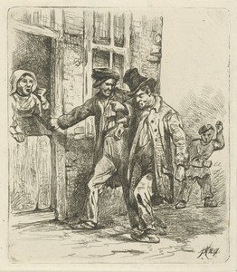 Twee dronkaards by Jozef Hoevenaar, created 1857, in paper; etching. Download this artwork as a high-resolution wallpaper for desktop, tablet, or mobile. — Jozef Hoevenaar Wallpaper