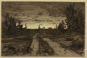 Twilight by Mary Nimmo Moran, created 1880, in Etching and mezzotint in brown ink on paper. Download this artwork as a high-resolution wallpaper for desktop, ta — Art Picture