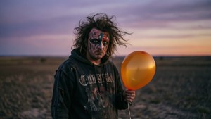 Un Juggalo mélancolique dans un champ au crépuscule, tenant un ballon, maquillage baveux, couleurs douces