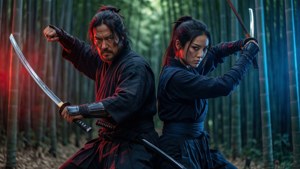 Ronin ja ninja valmiina taisteluun bambulehdossa hämärässä.