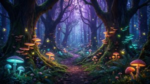 Una scena magica di foresta con flora bioluminescente e un sentiero tortuoso sotto cieli crepuscolari.