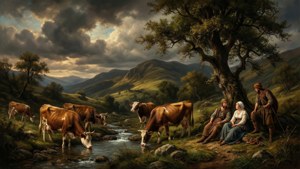 Dramatisk himmel over Tavellas pastorale åsscene med kuer og gjetere